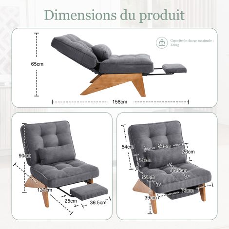 Fauteuil Relax Réglable avec Repose-Pieds et Coussin Lombaire Confort Stable Rétro en Velours Côtelé Gris Foncé