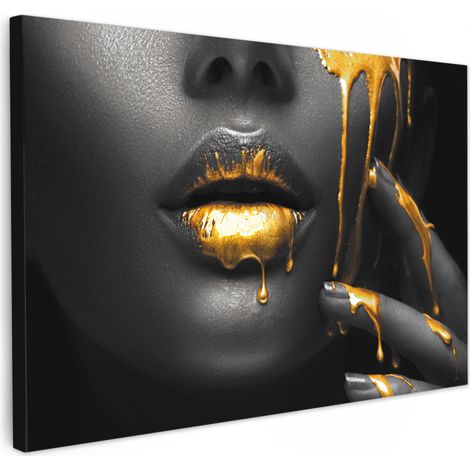 TABLEAU SUR TOILE Femme - Noir - Or - Visage - Lèvres Toile Decoration Murale Grand 140x90 cm