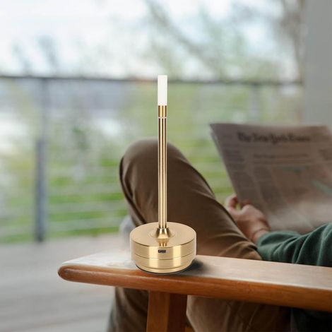 Lampe de table LED sans fil avec bougie intégrée, rechargeable, commande tactile, intensité réglable, lampe de chevet, lampe de table à manger, USB-C, dorée (1/5)