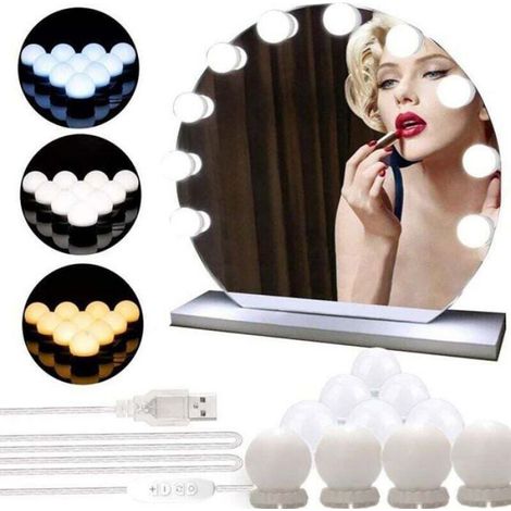 Kit Éclairage LED Pour Miroir - 10 Ampoules G45 - 3 Modes Couleur - 10 Niveaux Luminosité - USB Alimenté - 203 x 142 x 56 mm (1/4)