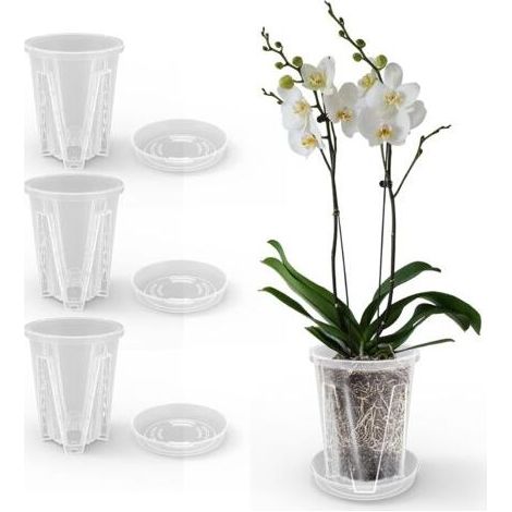 BUNTHAUS (3 pcs, 5.5 inches) Orchid Pots Transparent Flower Pots with Tray Drainage Holes Plastic Flower Pots for Indoor and Outdoor Balcony Desks (1/5)