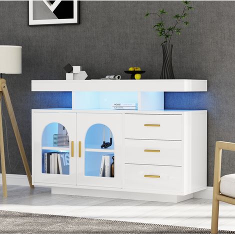 MEUBLIV Buffet LED blanc 120x40x80 cm – 3 tiroirs, 2 portes, finition brillante (1/5)