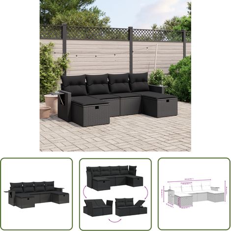 The Living Store 6-tlg. Garten-Sofagarnitur mit Kissen Schwarz Poly Rattan - Gartengestell - Gartenmöbelset - Outdoor Lounge Set - Rattan Sessel - Gartenlounge (1/4)
