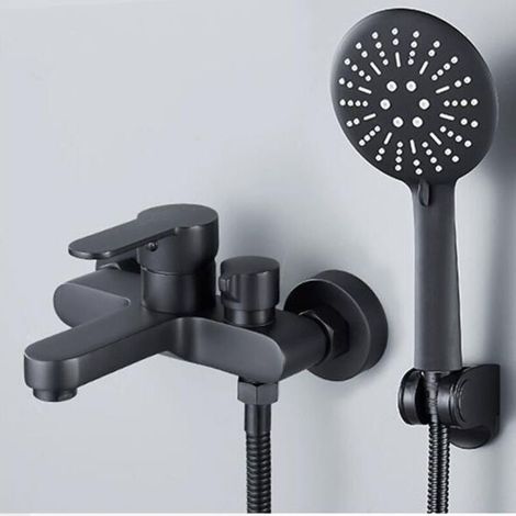 Rubinetto miscelatore Vasca da bagno Nero con doccetta a 3 Getti - miscelatore Doccia a Parete - Leva singola Bagno con supporto e Flessibile (1/5)