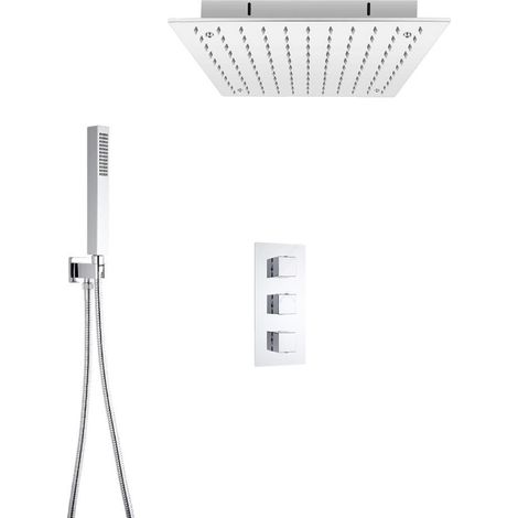 Milano Arvo 2 Outlet Triple Thermostatic Mixer Shower Valve with 400mm Ceiling Mounted Square Recessed Rainfall Shower Head and Hand Shower Handset Kit - Chrome
