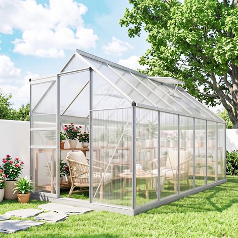 Serre de jardin 7,1 m² en aluminium polycarbonate avec fondation, 190 x 375 x 199 cm, serre avec fenêtre (1/5)