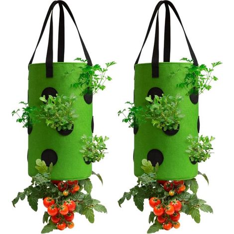 Lot de 2 culture suspendu pour fraisier à trous multiples, 3 gallons, vert, avec 13 trous de drainage, pour la culture sur balcon et en jardin (1/5)