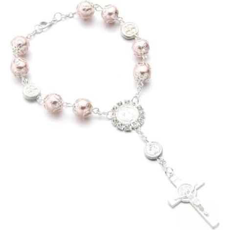 Ohleats Chapelet de voiture pour rétroviseur, perles de bénédiction croix, décoration personnalisée, chapelet catholique à suspendre, accessoires de voiture pour homme et femme (rose) (1/5)