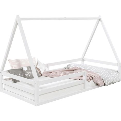 Idimex – Lit cabane en pin massif lasuré blanc 90x190 cm – Design en forme de cabane – Barrières de protection modulables – Lit enfant