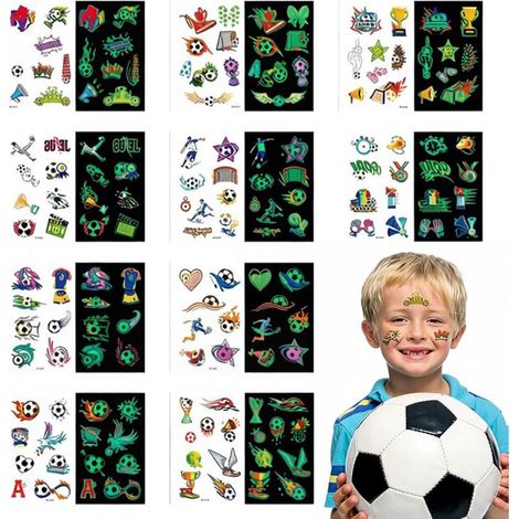 Tatouages Football Enfants, 10 Feuilles Tatouages Temporaires Fluorescents, Hypoallergéniques Cadeaux Anniversaire