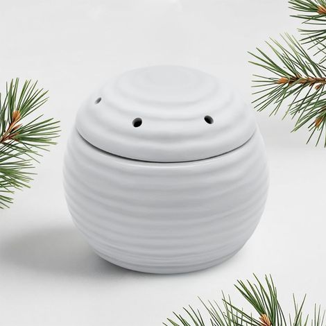 Elektrische Duftlampe weiß für Weihnachtsduft Granulat - 10 cm - Keramik Aromadiffusor mit 3 Beuteln Duftgranulat Wintertanne Pnienzapfen Zimt