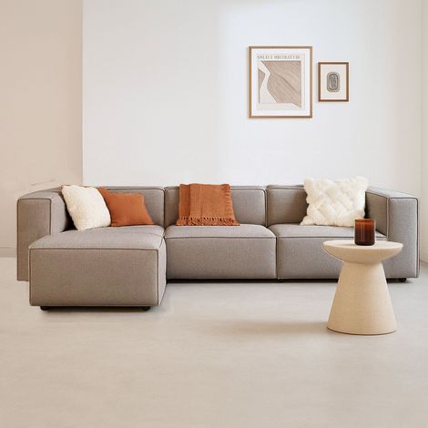 Modulares Ecksofa mit losen Hockern brauner Leinenstoff Fora (1/5)