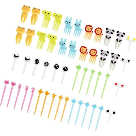 Ensemble de 50 fourchettes à fruits en plastique à motifs d'animaux mignons et originaux, idéal pour les bentos d'enfants. (1/5)