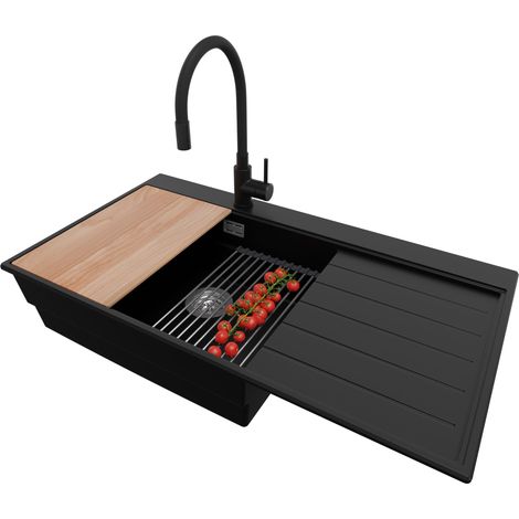 PRIMAGRAN Evier Cuisine en Granit 90x50cm,Lavabo 1 bac + Robinet 40x38cm + Kit de Vidage + Accessoires, Évier à Encastrer au meuble 60cm - Sydney, Noir (1/5)
