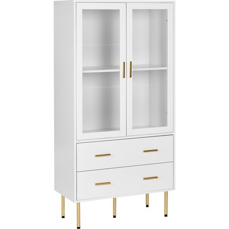 Vitrina con puertas de vidrio 2 cajones patas de oro blanco Milora