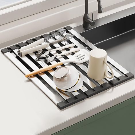 Stainless Steel Dish Drainer, Foldable and Removable Dish Drainer for Drying Dishes, Fruits or Vegetables (Black, 45 x 32.5 cm) (1/5)