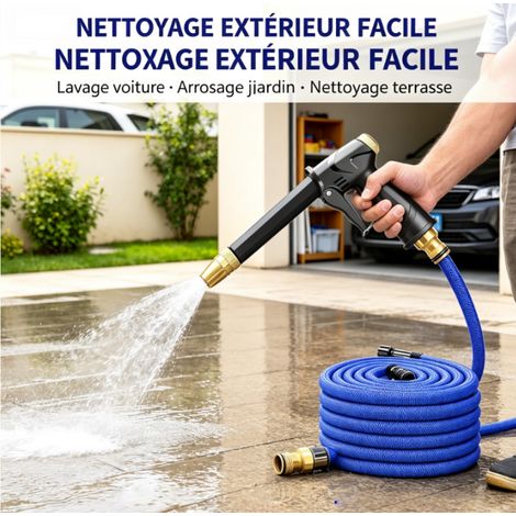 Le nettoyeur haute pression est livré avec un tuyau rétractable (5 à 15 mètres) et des raccords en alliage réglables pour nettoyer les voitures, arroser les jardins, les sols et les terrasses. (1/5)