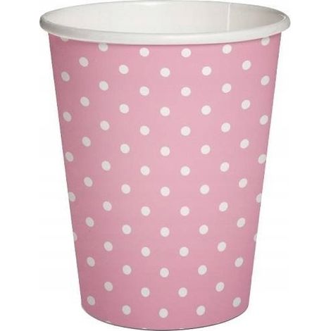 Bicchieri di carta a pois rosa e bianchi, 250 ml, 8 pezzi.