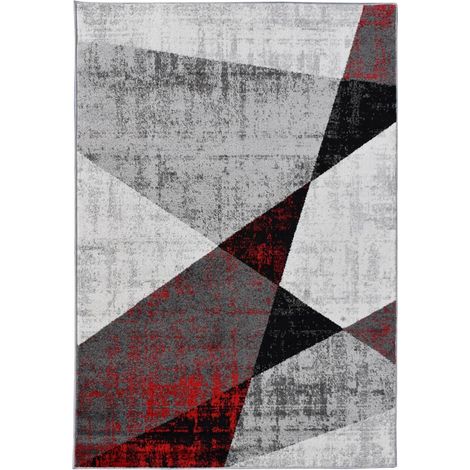 Tapis salon et chambre 120x170 gris et rouge tissé motif géométrique ROSALINE (1/5)