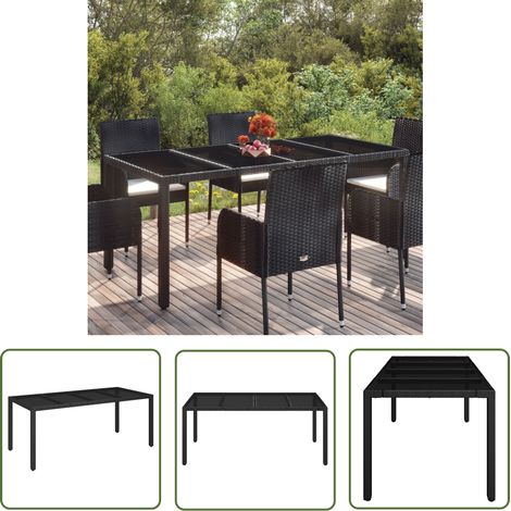 The Living Store Gartentisch mit Glasplatte Schwarz 190x90x75 cm Poly Rattan - Gartentisch - Outdoor Möbel - Gartenmöbel - Esstisch - Balkontisch (1/5)