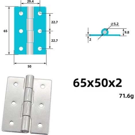 Charnière renforcée en acier inoxydable 304 (65 x 50 x 2 mm) pour équipements mécaniques, charnière plate pliante industrielle robuste, charnière à plaque rabattable. (1/5)