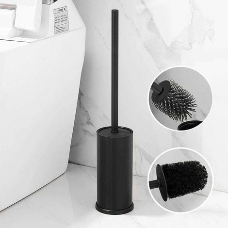 304 Stainless Steel Toilet Brush With Long Bucket Holder Round Design For Bathroom Black (1/4)
