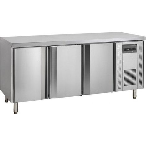Table comptoir inox ventilée positive 345 Litres, 3 portes pleines GN 1/1, sans dosseret, 300 W, 220 V - MONO