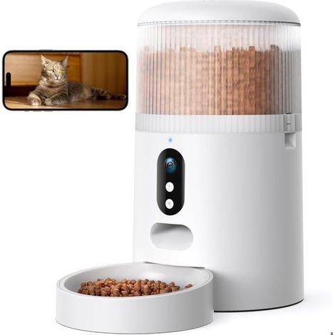 Distributeur Croquettes Chat Automatique, Caméra HD avec Vision Nocturne, 5G WiFi Mangeoire pour Chat/Chien