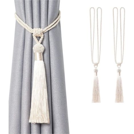 Lot de 2 embrasses de rideaux longues à pompons faites à la main en corde tressée avec nœuds de style européen pour décora (1/4)