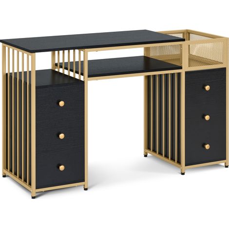 M MCombo Schreibtisch mit 6 Schubladen, Nageltisch aus Holz Metallgestell, Manikürtisch Schwarz-Gold, Schminktisch ohne Spiegel Modern, Computertisch mit Ablagen Wohnzimmer, 46x125x81cm, 2425 (1/5)