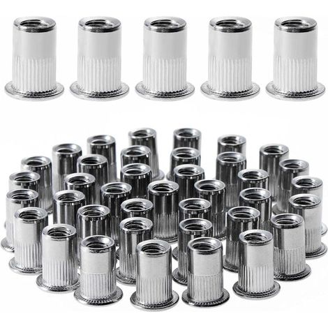 100 pièces M6 écrou à rivet fileté à tête plate, écrous à riveter fileter en acier inoxydable, inserts filetés pour mental plastique (12 mm  15 mm)-LIAIKI (1/5)