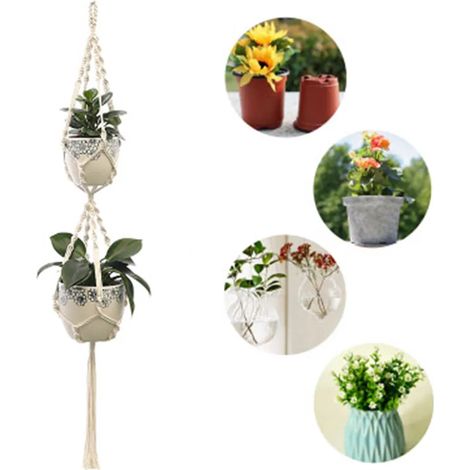 2 Pièces Pot de fleurs suspendu Mur suspendu Pot de fleurs suspendu Support pour plantes Intérieur Extérieur Plafond Balcon Sac en filet pour pot de fleurs tricoté à la main Décoration murale (1/5)