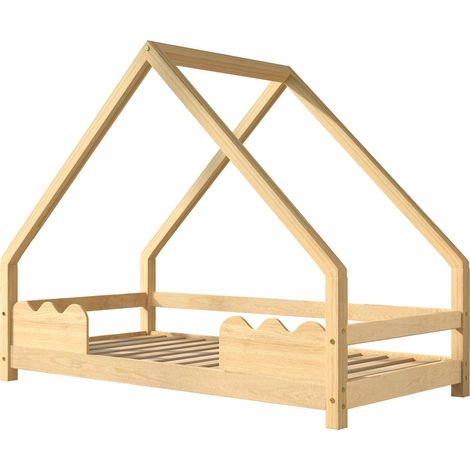 Letto a casetta per bambini 90x200 cm in legno di pino naturale con barriera anticaduta (1/5)