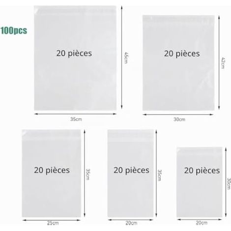 Lot de 100 enveloppes en plastique de 5 tailles différentes (1/3)