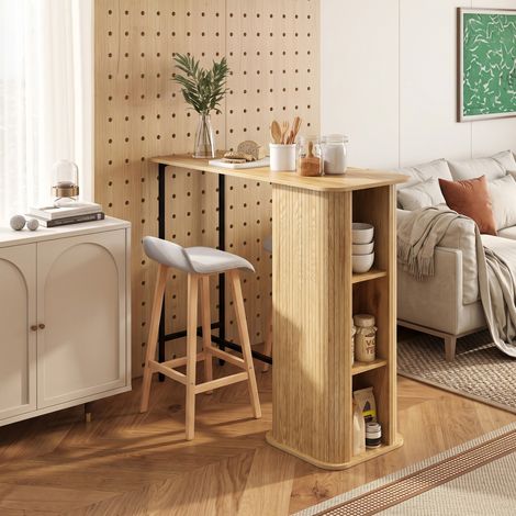 Table Haute Mange Debout, Table de Bar avec 3 Étagères de Rangement et Pieds en Métal, 112x50x106cm, Bois Naturel (1/5)