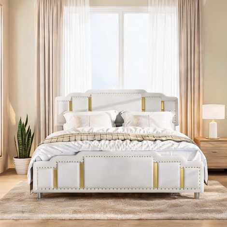 Cadre de lit beige en velours 212 x 145 x 102 cm (1/5)