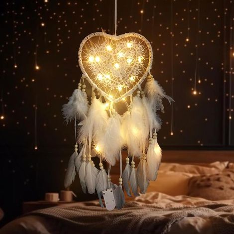 Attrape-rêves cœur creusé avec lumières LED, plumes fait main, décoration chambre ou mariage. (1/5)