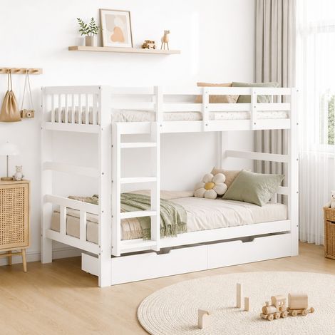 Lit Superposé Enfant Séparable 90x200 cm avec Sommier, Lit Double Usage avec Barrières de Sécurité, Échelle et 2 Tiroirs, Cadre Blanc
