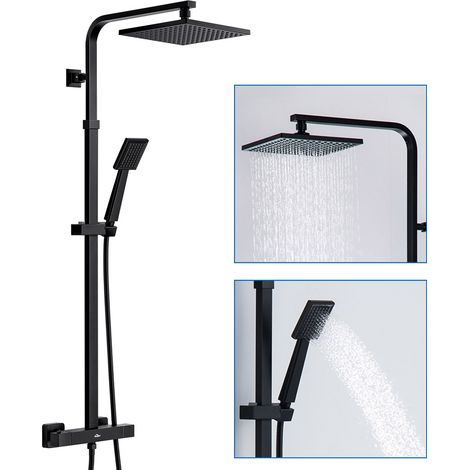 Auralum Termostática Columna de Ducha Negra, Conjunto de Ducha con Termostática Mezclador de 2 funciones con Rociadores de ducha y Ducha de Mano, Barra de ducha Ajustable 110-137cm