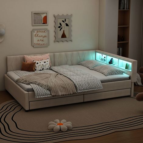 Lit banquette 140 x 200 cm en lin beige avec LED, USB et USB-C, 2 tiroirs, rangements et sommier à lattes, sans matelas (1/5)