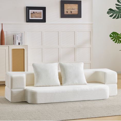 Divano letto 2 posti 190x102x42 cm in tessuto bianco, modulabile per soggiorno FloraGrace (1/5)