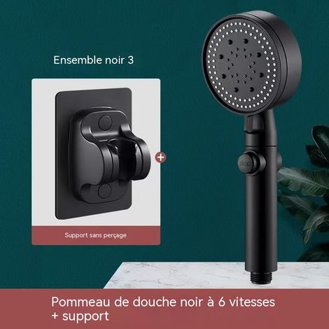 Ensemble de douche à effet pluie, ensemble de douchette haute pression 6 jets (support), noir, pour salle de bain