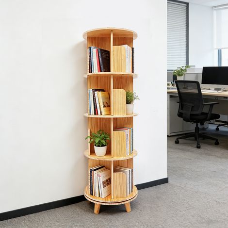 YISSALE - Bibliothèque Rotative 4 Niveaux - Étagère Cylindrique Autoportante, Ø46 cm, 50 kg/Niveau, H31 cm, Couleur Bois, Salon Chambre Bureau Couloir (1/5)