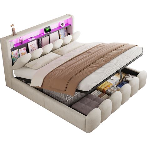Letto Contenitore 180 x 200 cm, Letto Matrimoniale con USB, Type-C, LED e Vani, Senza Materasso, Beige (1/5)