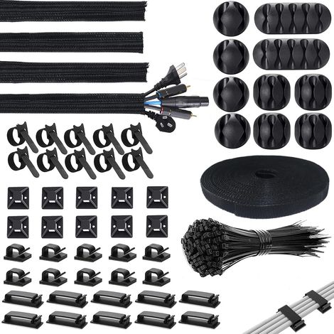 155 Pièces Kit de Gestion de Câbles, 10 Attaches Câble, 1 Rouleau de Ruban, 4 Manchons de Gaine Câble, 100 Attaches de Câble en Nylon et 30 Clips Câbles, pour Cable Management Bureau (1/5)
