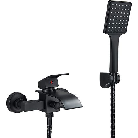 Rubinetto per Vasca Nero Opaco Cascata Miscelatore Bagno Wall Mount Ottone Miscelatore Vasca da Bagno Monocomando Caldo e Freddo Rubinetto per Doccia con Doccetta (1/5)
