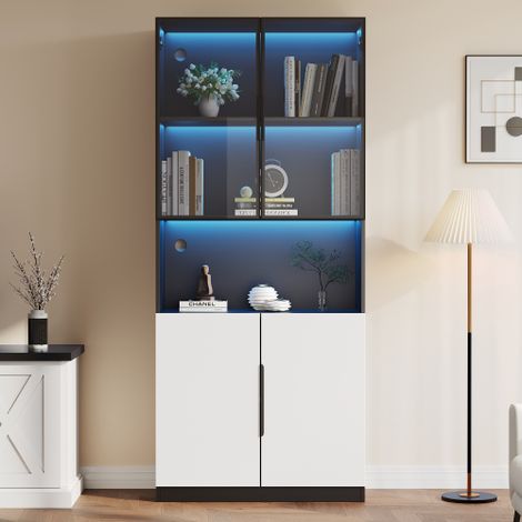 Vitrine Moderne Minimaliste avec Portes en Verre – Éclairage LED, Bibliothèque pour Collections, Température de Couleur et Luminosité Réglables, Portes Blanches avec Détails Noirs, 80×30×200 cm (1/5)