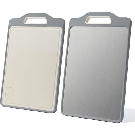 Tagliere in acciaio inox (1 pezzo), ideale per la cucina, tagliere bifacciale con manico, tagliere in acciaio inox e tagliere in paglia di grano con scanalatura per il succo, facile da pulire.