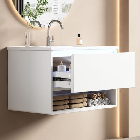Waschbeckenunterschrank hängend modern Weiß aus lackiertem MDF mit Keramikbecken, 1 Schublade, offenem Fach und LED-Sensorleuchte (1/5)