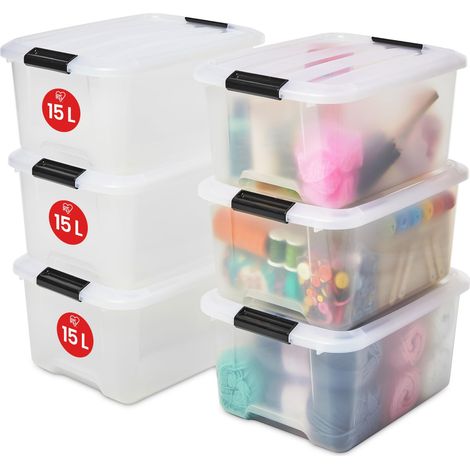 Boite Rangement Plastique avec Couvercle, 15L, Lot de 6, Transparent, Clips de Fermeture, Poignée, Empilable, Portable, Solide (1/5)